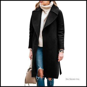Long Wool Blend Pea Coat Belted Notched Lapel Winter Overcoat Women's Outerwear